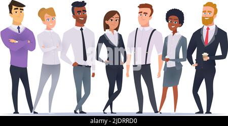 Business multinational team. Working managers in casual clothes ethnic characters in office exact vector cartoon illustrations Stock Vector