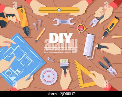 Construction banners. Hands holding repair tools people using working equipment garish vector placard with place for text Stock Vector
