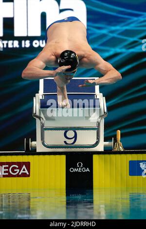 Budapest, Hungary. 23rd June, 2022. Belgian Louis Croenen pictured in action during the men's 100m butterfly the swimming world championships in Budapest, Hungary, Thursday 23 June 2022. The 19th FINA World Championships 2022 take place from 18 June to 03 July. BELGA PHOTO NIKOLA KRSTIC Credit: Belga News Agency/Alamy Live News Stock Photo