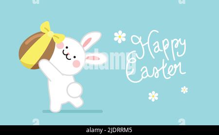 Easter celebration vector icon flat illustration. Cute white easter bunny holding a big chocolate egg with a ribbon. Stock Vector