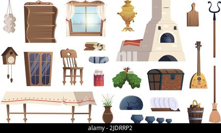 Russian interior. Old furniture for traditional slavonian house brick stove exact vector illustration in cartoon style Stock Vector