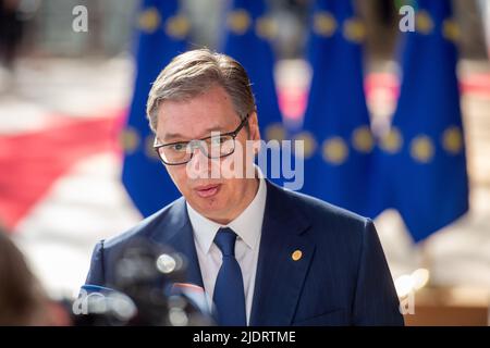 Brussels, Belgium. 23rd June, 2022. 2022-06-23 09:03:53 BRUSSELS - President of Serbia, Aleksandar Vucic, arrives for a European summit on, among other things, the candidate membership of Ukraine, Moldova and Georgia. The summit will focus on cooperation between the European Union and the Western Balkans. ANP JONAS ROOSENS netherlands out - belgium out Credit: ANP/Alamy Live News