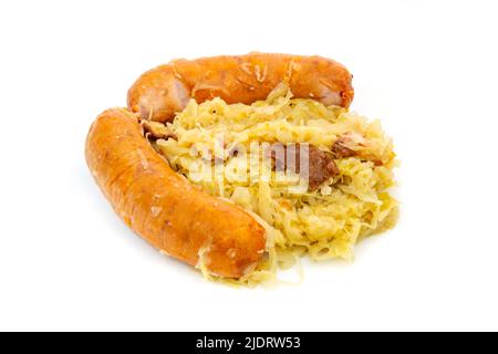 Sausage and sauerkraut on a white background Stock Photo