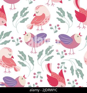 Colorful birds seamless pattern. Exotic birds in different print poses. Vector illustration Stock Vector