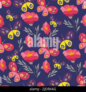 Floral background with butterflies, bright flowers seamless pattern. Vector illustration Stock Vector
