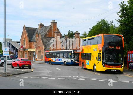 Axminster, Devon, UK.  23rd June 2022.  No trains running at Axminster in Devon on the London Waterloo to Exeter line during the second day of the RMT National Rail Strike. Buses waiting outside the station.  Picture Credit: Graham Hunt/Alamy Live News Stock Photo