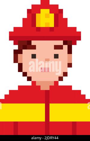 Firefighter pixel game style illustration. Vector pixel art design. 8 bit people character icon. Fireman isolated on white background Stock Vector