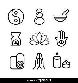 Meditation icon set. Black outline symbols. Concept of zen, calm, yoga and spirituality. Vector illustration, flat design Stock Vector