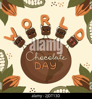World Chocolate Day concept. Cute kawaii pieces of chocolate stand on chocolate globe with letters in hands, happy smile cubes of chocolate chatacters on cocoa fruit and leaves background vector. Stock Vector