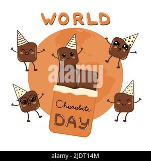 Cute kawaii pieces of chocolate characters celebrate world chocolate day. Chocolate emoji cubes in party hat happy smiling and jumping. Holiday of chocolate concept kids banner vector illustration Stock Vector