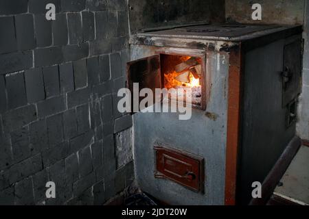 Old rural wood stove with the burning firewood Stock Photo
