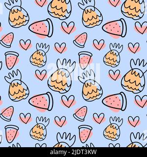 Vector Summer abstract pattern with pineapple and watermelon in doodle style. Stock Vector