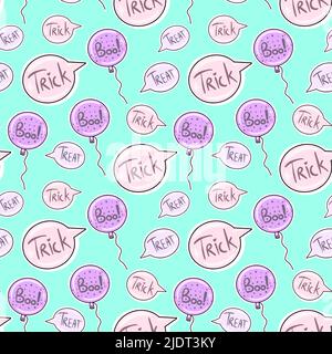 Vector Seamless pattern for Halloween. Mint background with Treats or Trick in balloons. Stock Vector
