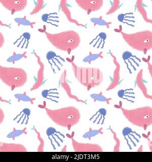 Vector Children's pattern with the underwater world painted in watercolor. Pink whales and blue jellyfish. Stock Vector