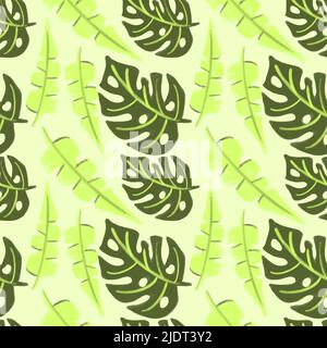 Vector Summer tropical pattern with monstera and banana palm leaves painted in watercolor. Stock Vector