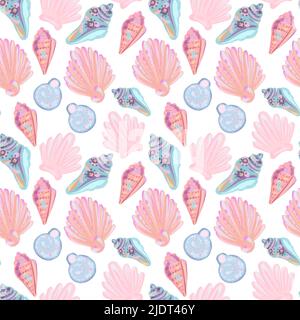 Vector Seamless pattern with seashells. Summer background painted in watercolor. Stock Vector