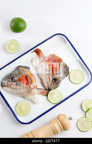 Top View Salmon Head on White Enamel Tray with Lime and Pepper, Ready to Cook. Copy Space for Text Stock Photo