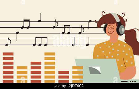 Composer woman music and sound. Designer engineer audio studio and recording or editor musician vector illustration. Digital equipment laptop and soft Stock Vector