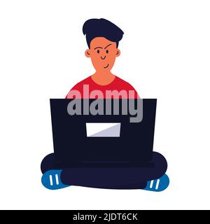 Man sitting with laptop vector illustration. Young person with business computer and work on internet. Character  office job and professional working Stock Vector