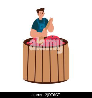 Man making wine from fruit vector illustration. Grape winery cartoon harvesting on vineyard wooden barrel. Harvest process agriculture adult character Stock Vector