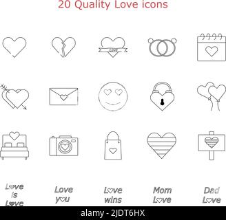 20 quality love icon set. Outlined icons Stock Vector