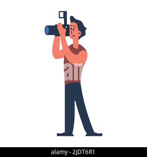 Person man with photo camera vector illustration. Male professional photographer and cartoon human photograph standing. Character shooting and work wi Stock Vector
