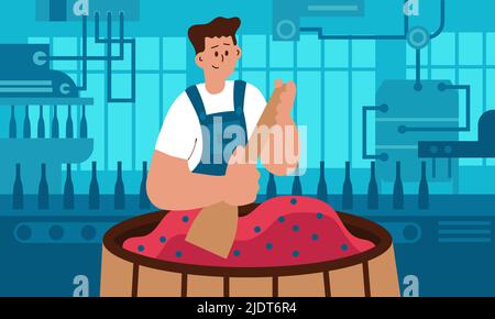 Wine factory production and process fermenting aging or tasting bottler. Made vineyard bottle flat vector illustration. Press vine grape and farmer ex Stock Vector