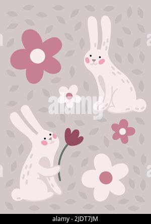 Two bunnies spring flower poster Stock Vector