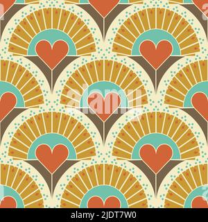 Seamless vector pattern with retro style love heart on yellow background. Simple Valentines day wallpaper design. Decorative love fan fashion textile. Stock Vector