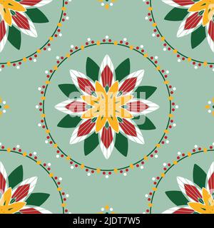 Seamless vector pattern with Christmas flower on green background. Festive floral circle wallpaper design. Decorative wreath fashion textile. Stock Vector