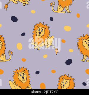 Seamless vector pattern with hand drawn lions on light blue background. Fun cartoon animal wallpaper design for children. Stock Vector