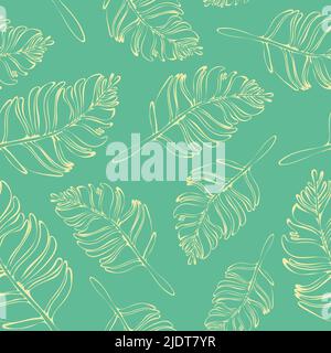 Seamless vector pattern with feathers on light blue background. Simple soft wallpaper design with outlined leaves. Gentle nature fashion textile. Stock Vector