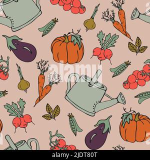Seamless vector pattern with vegetables on pink background. Simple summer garden wallpaper design. Decorative kitchen fashion textile. Stock Vector