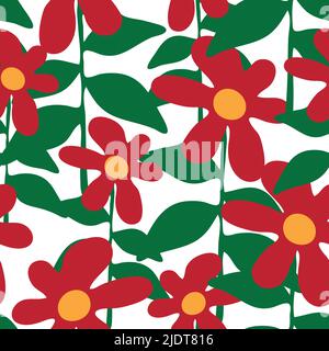 Seamless vector pattern with hand drawn flowers on white background. Children floral art wallpaper design. Simple red and green garden. Stock Vector