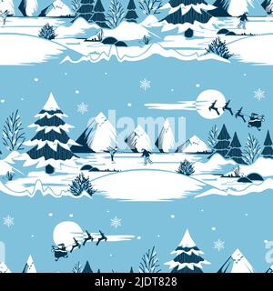 Seamless vector pattern with Christmas fairy tale on blue background. Winter season landscape wallpaper design. Decorative festive fashion textile. Stock Vector