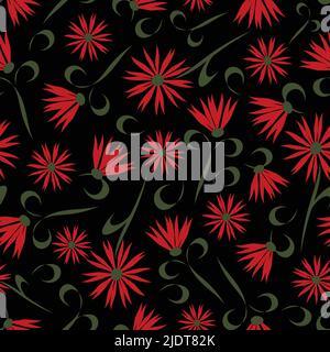 Seamless vector pattern with red flowers on black background. Floral wallpaper design with daisy's. Stock Vector