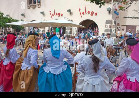 Folklore show at Pueblo Canario, musicians with traditional costumes at Parque Doramas, Las Palmas, Grand Canary, Canary islands, Spain, Europe Stock Photo