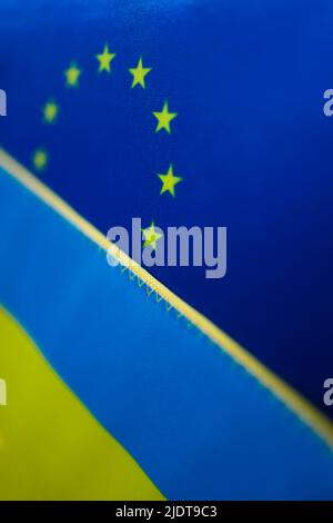 European Union and Ukraine flags overlapping. Ukraine EU membership concept Stock Photo