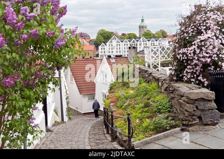 Houses and narrow streets in the old part of Stavanger Norway, locally known as 'Gamle Stavanger'. The 173 buildings date back to 1700- and 1800-centu