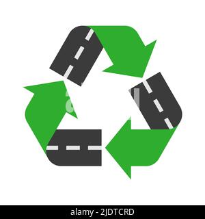 Recycling asphalt concept. Recycle sign with a road. Environmentally friendly construction industry. Reusable materials. Waste management idea. Vector Stock Vector