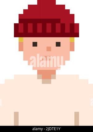 Pixel Illustration of young men wearing red hat Stock Vector