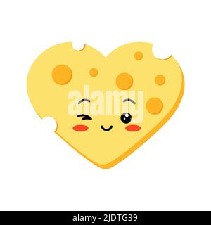 Cute winking cheese with hole heart shape slices vector set isolated on white background. Stock Vector