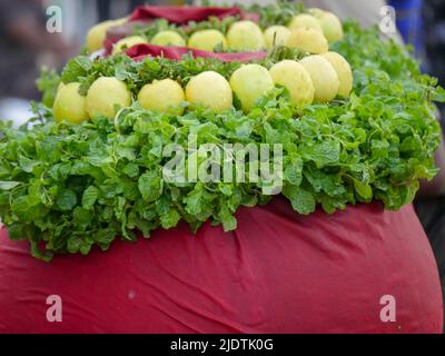 Lemons with pudina Mint Leaves. Shikanji a healthy Indian drink made by mixing lemon juice and pudina, selling at Indian street stalls Stock Photo
