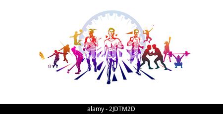 Vector illustration of Sports player concept for Athletics Day or world olympic day. Men running and playing background. Stock Vector