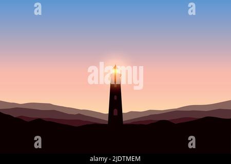 lighthouse at beautiful sunset with mountain view Stock Vector