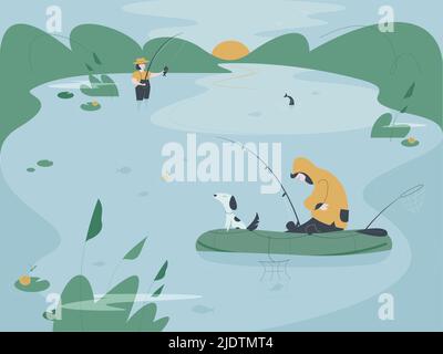 Vector image of a fisherman on a boat with a dog in the dark in