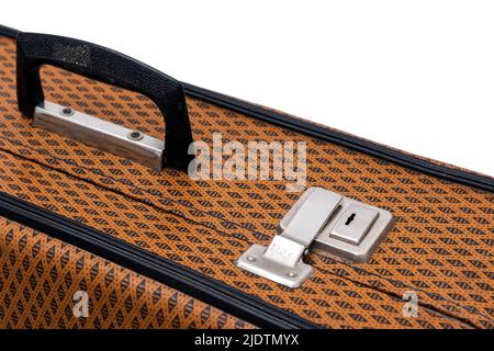 Old vintage leather suitcase key lock Stock Photo
