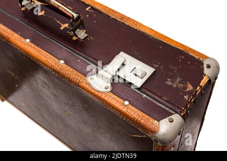 Old vintage leather suitcase key lock Stock Photo