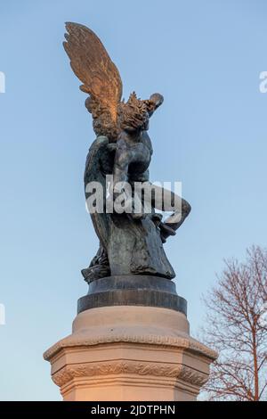 Madrid, Spain. The Fuente del Angel Caido (Monument of the Fallen Angel), a fountain located in the Buen Retiro Park Stock Photo