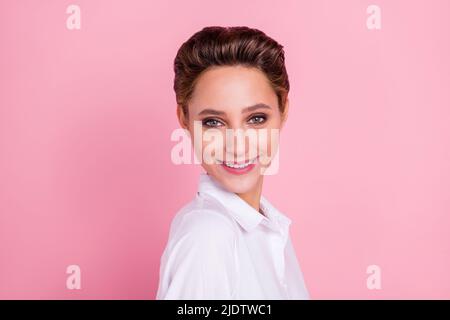 Profile photo of nice blond young lady wear white shirt isolated on pink color background Stock Photo